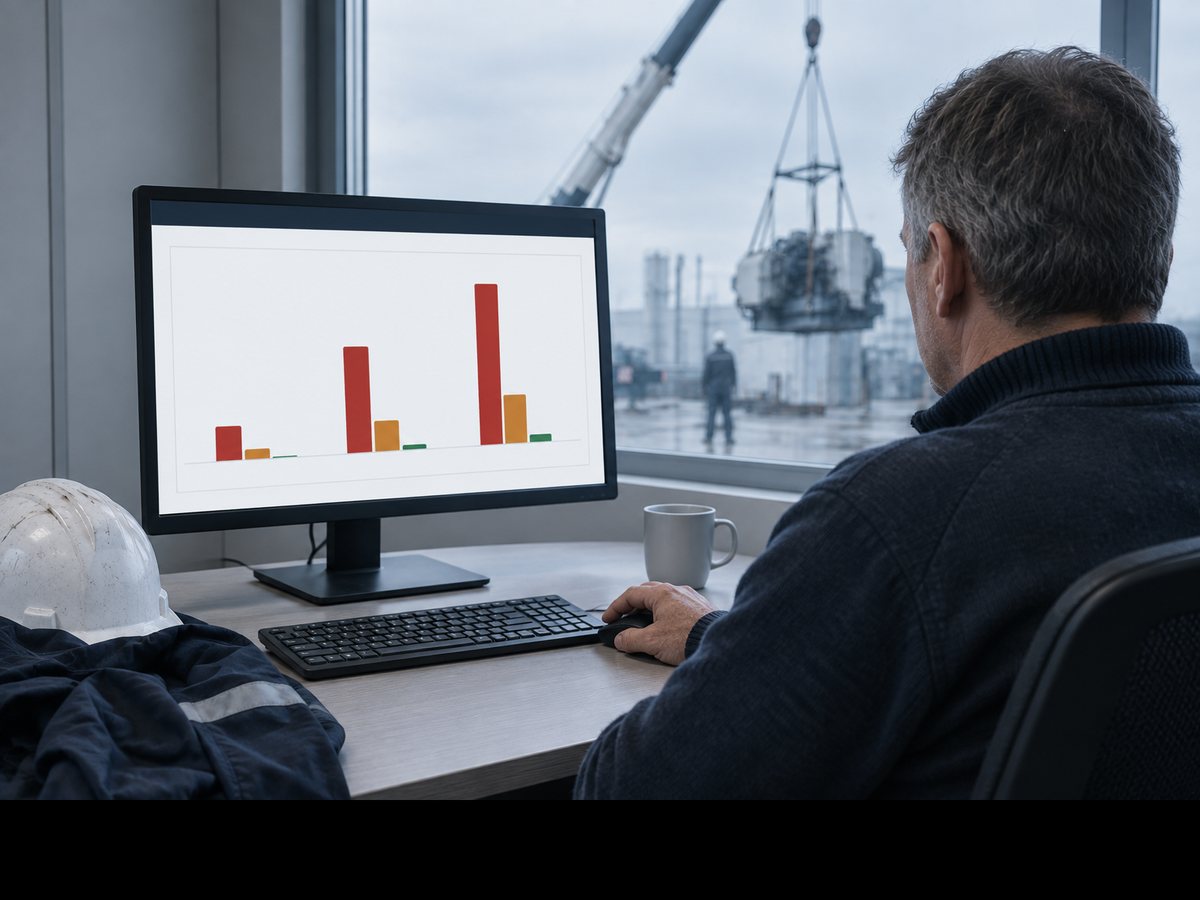 Over the shoulder of a contracting company manager in the site office: the ROI calculator bar chart on his screen, helmet and work jacket on the desk