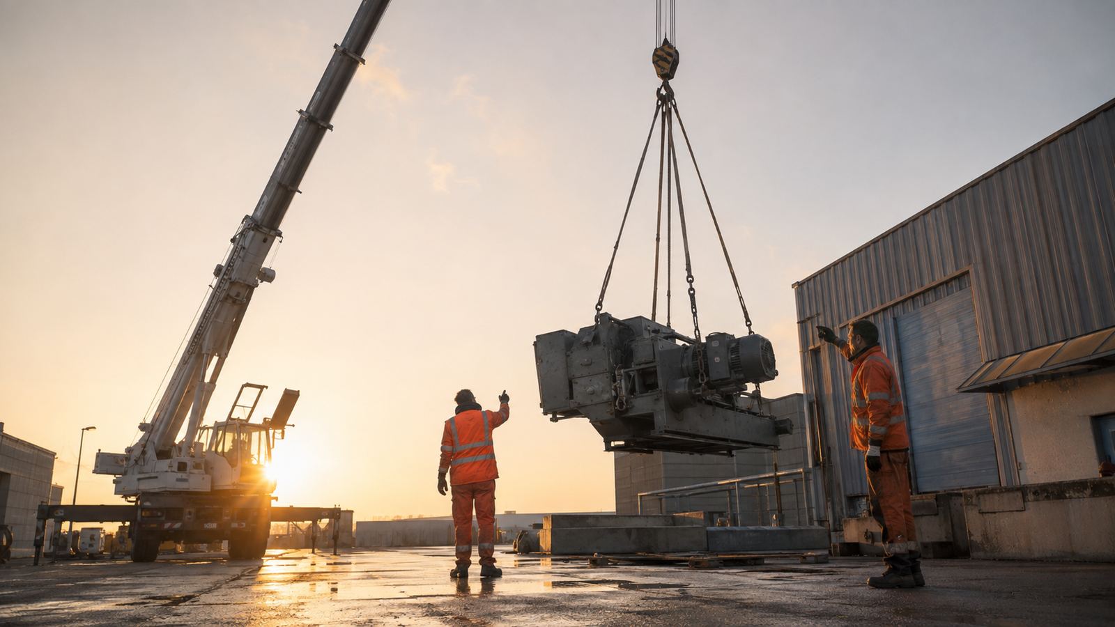 Hijswerk in de vroege ochtend: een telescoopkraan tilt een machine, twee riggers co&ouml;rdineren