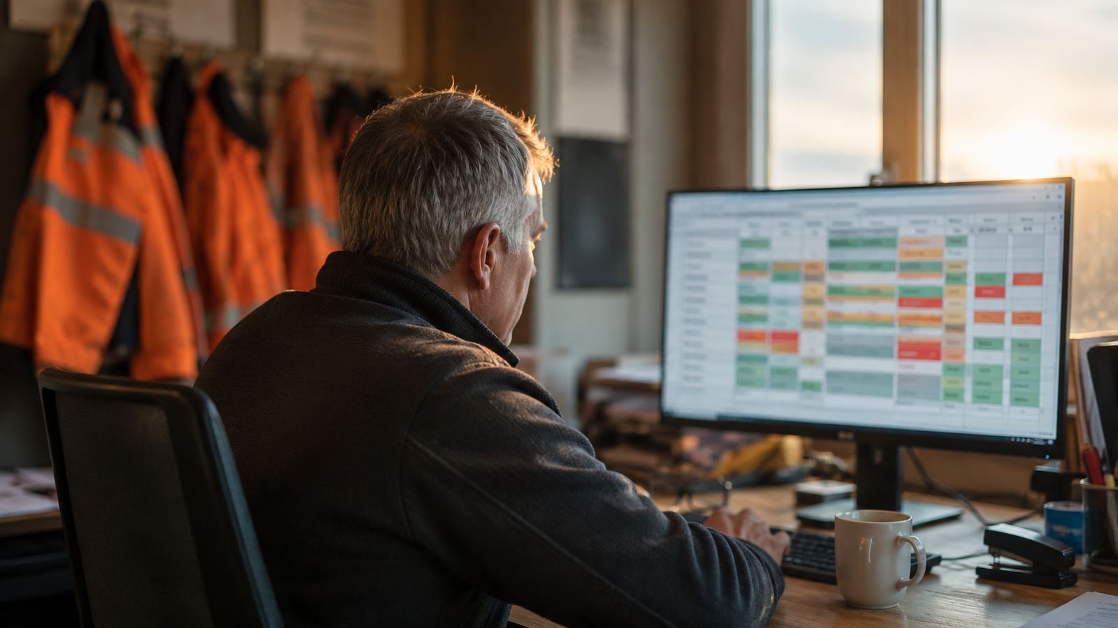 Planner aan zijn bureau in de vroege ochtend, weekplanning met gekleurde blokken op het scherm