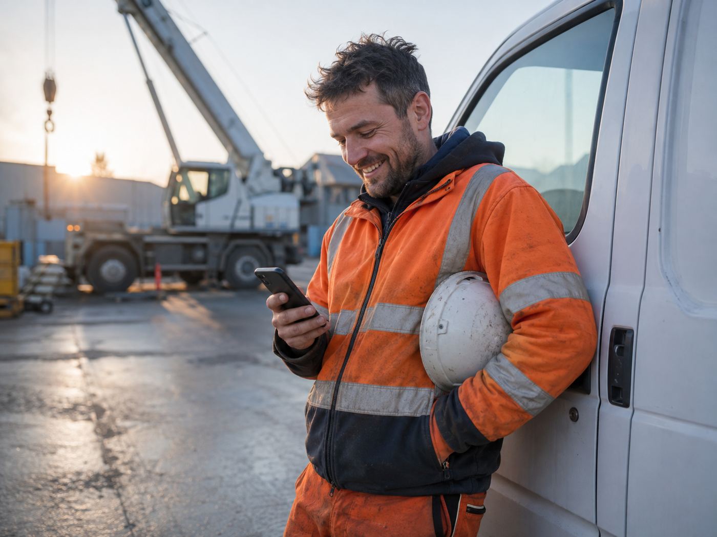 Werkkracht in fluohesje bekijkt glimlachend zijn planning op zijn smartphone naast de camionette