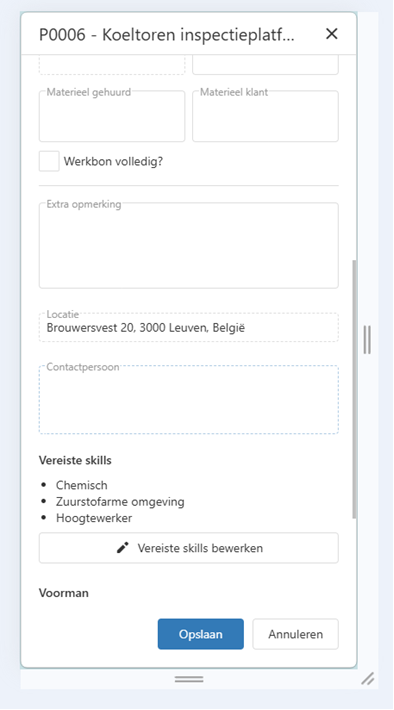 Projectdetail op gsm: vereiste skills Chemisch, Zuurstofarme omgeving en Hoogwerker, voorman
